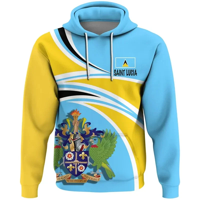 Vintage 3D Printed Saint Lucia National Flag Map Hoodies Saint Lucia Coat Of Arms Graphic Hooded Hoody Fashion Mens Clothing Top