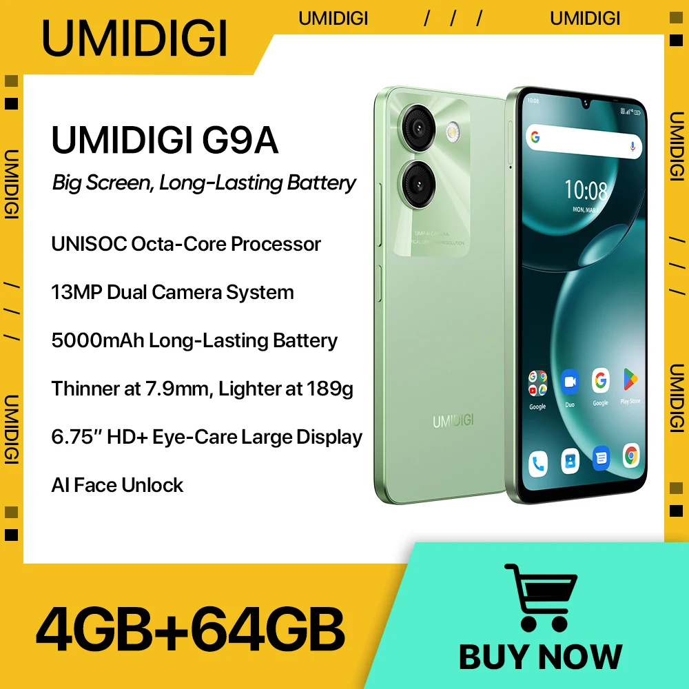 هاتف UMIDIGI G9A Android 14 الذكي UNISOC كاميرا 8 النواة 13 ميجابكسل 64 جيجابايت 6.75 بوصة قطرة الماء HD + بطارية 5000 مللي أمبير في الساعة هاتف محمول بطاقة SIM مزدوجة