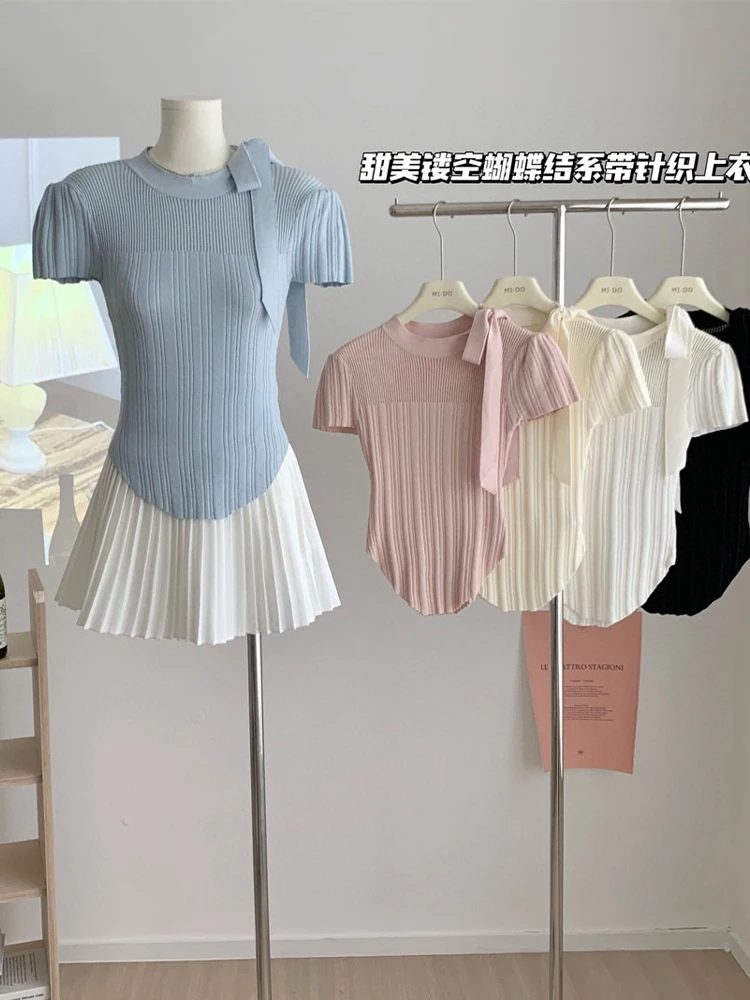 Summer Women Korean Cute Core Mori Girl Solid Color Stretch O-Neck T-Shirts Kawaii Tees Short Sleeve Crop Tops 2000s Aesthetic