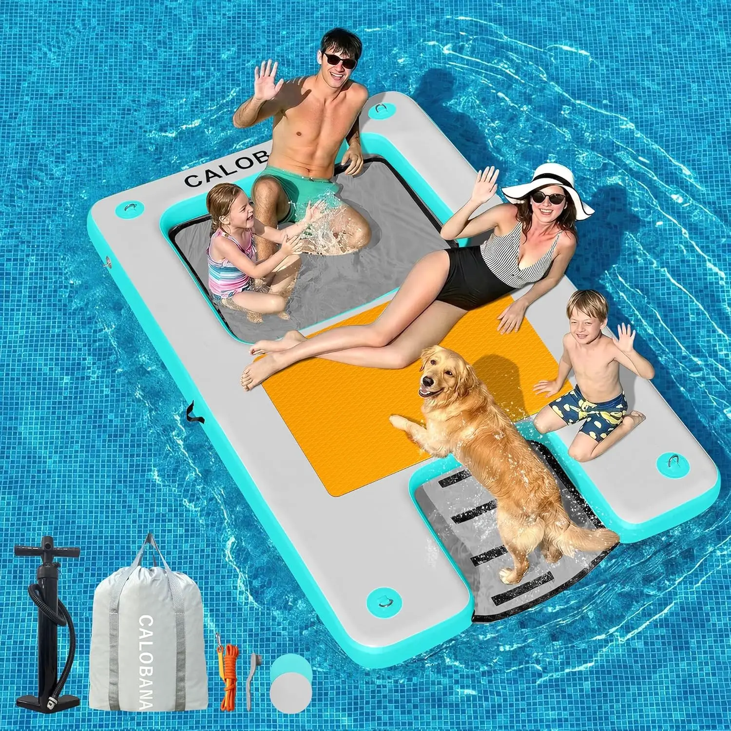 

Inflatable Floating Dock with Mesh, Lake Floats with Boat Ramp Tanning Pool Lounger Water Hammock for Family Party Pool Sea Rive