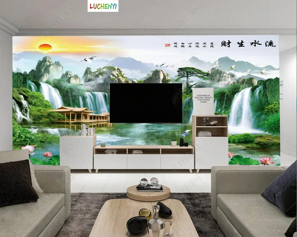 

Papel de parede wealth flowing water landscape painting living room wallpaper mural, wallpaper home decoration