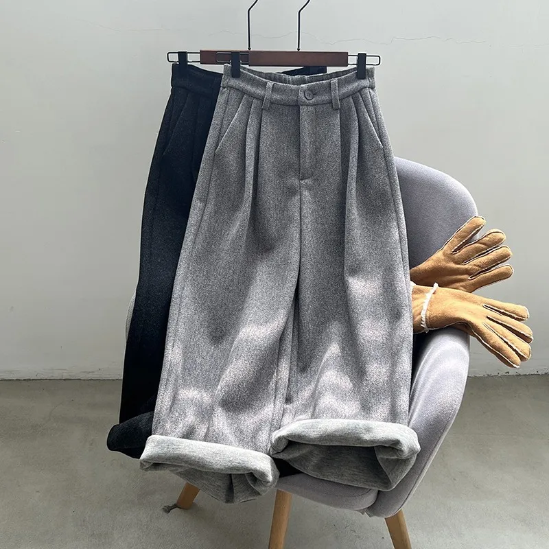 

2024 New Arrival Autumn/winter Korean Style Women Wool High Waist Ankle-length Pants Casual Loose Elastic Waist Wide Leg Pants