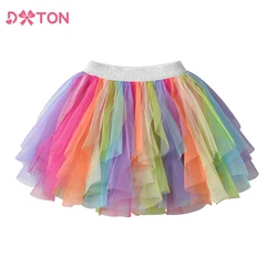 DXTON Kids Tutu Skirts For Girls Rainbow Mesh Tulle Patchwork Children Petiskirt Irregular Ballet Dancing Colorful Skirt 3-10Yrs