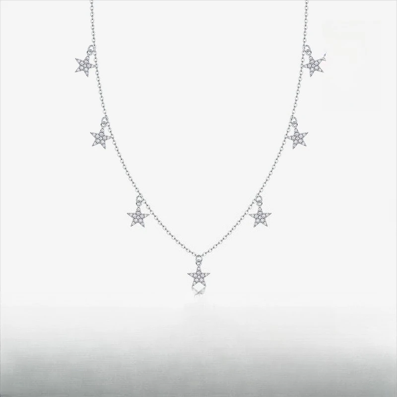 

S925 Rhodium Plated Silver Star Collarbone Necklace with 77 Pcs 1.2mm D Color Moissanite, Exquisite Jewelry