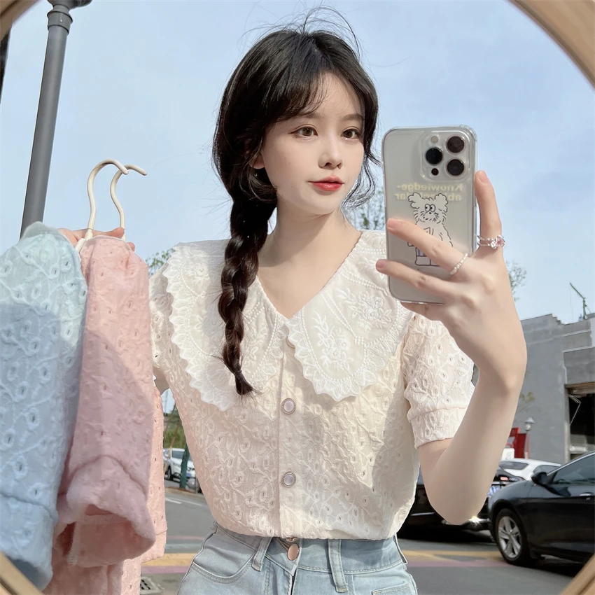 French Style Lace Hollow Out Floral Shirt Women Peter Pan Collar Short Sleeve Top Sweet Chic All-match Blouse 2022 Summer New