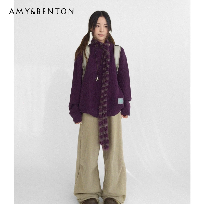 

2025 Autumn Winter New Elastic Waist Fleece-Lined Women's Sweatpants Retro Design Loose Wide-Leg Versatile Long Trousers Ladies