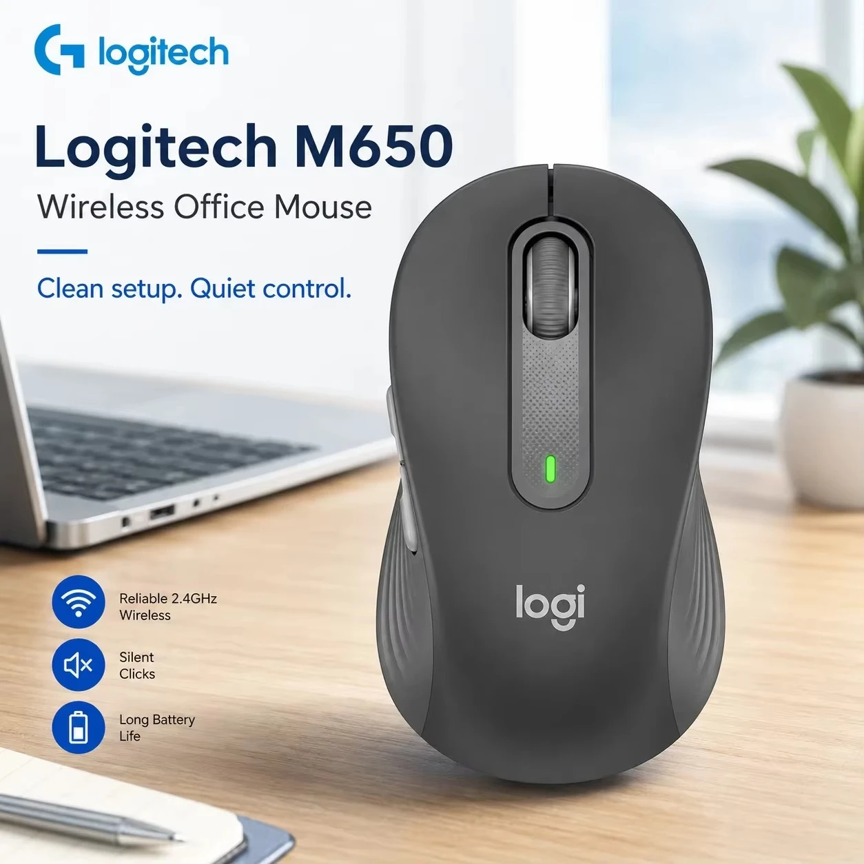 Logitech M650 Signature Wireless Bluetooth Mouse Silent Touch Quiet Click Ergonomic Shape SmartWheel Scrolling for Home Office