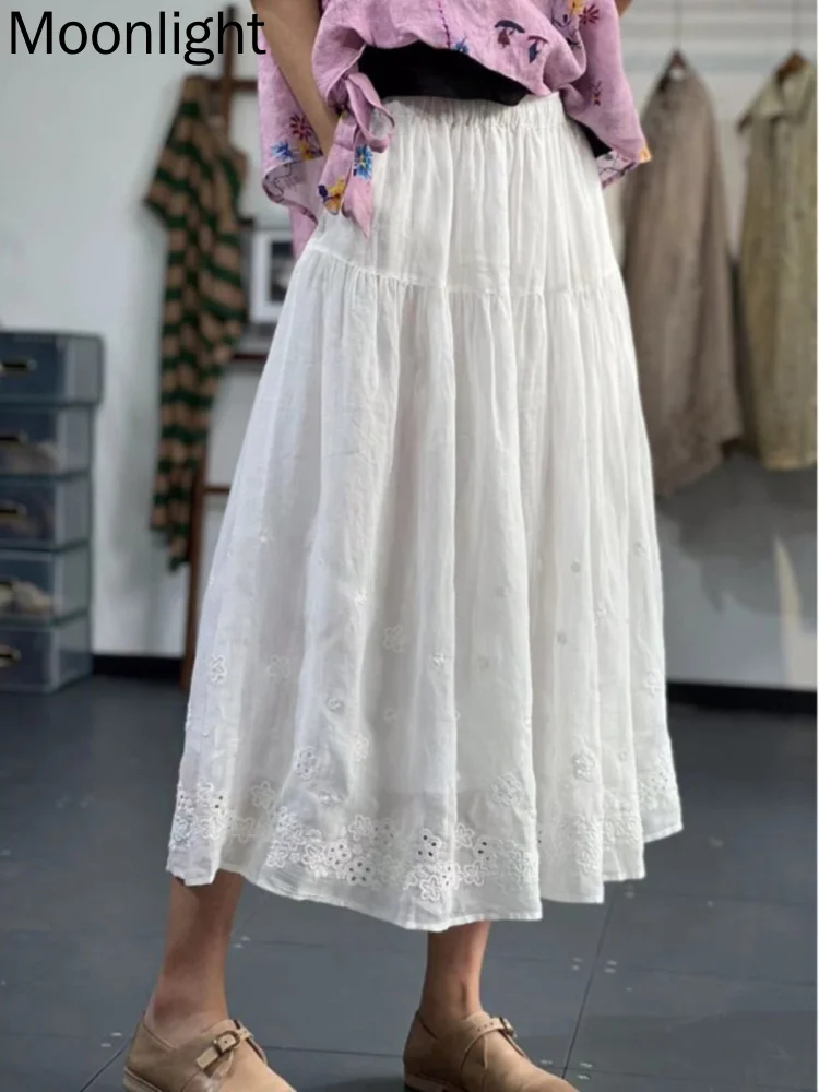 Japanese Mori Girl Hollow Embroidery A Line Skirt Women 2023 Summer Vintage Solid Color Elastic Waist Long Skirts Female