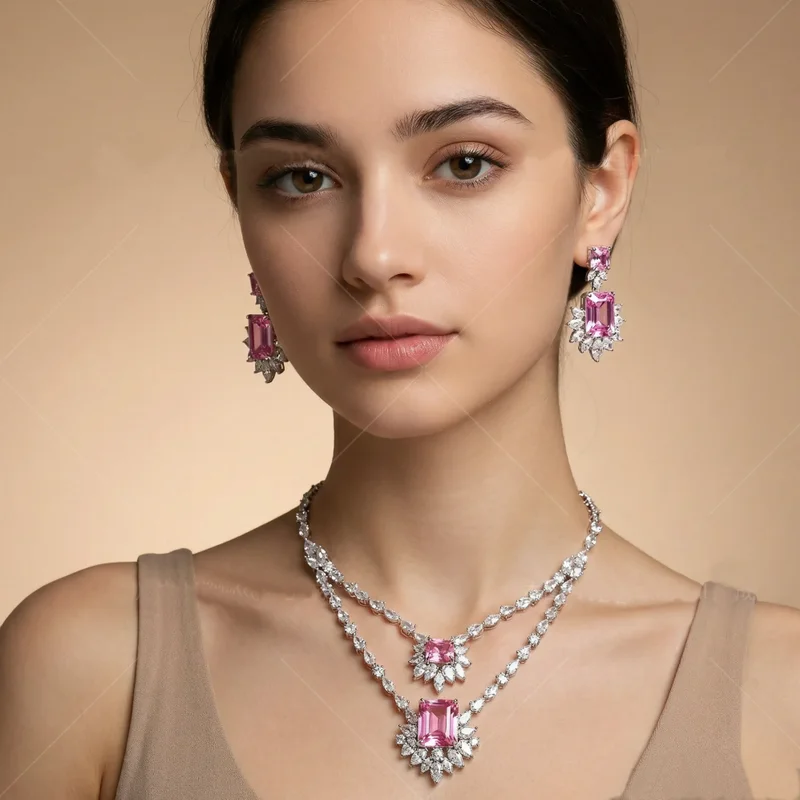 Designer Collection Style Stud Earrings Necklace Women Lady Inlay Yellow Pink Square Cubic Zircon Double Chain Party Jewelry Set