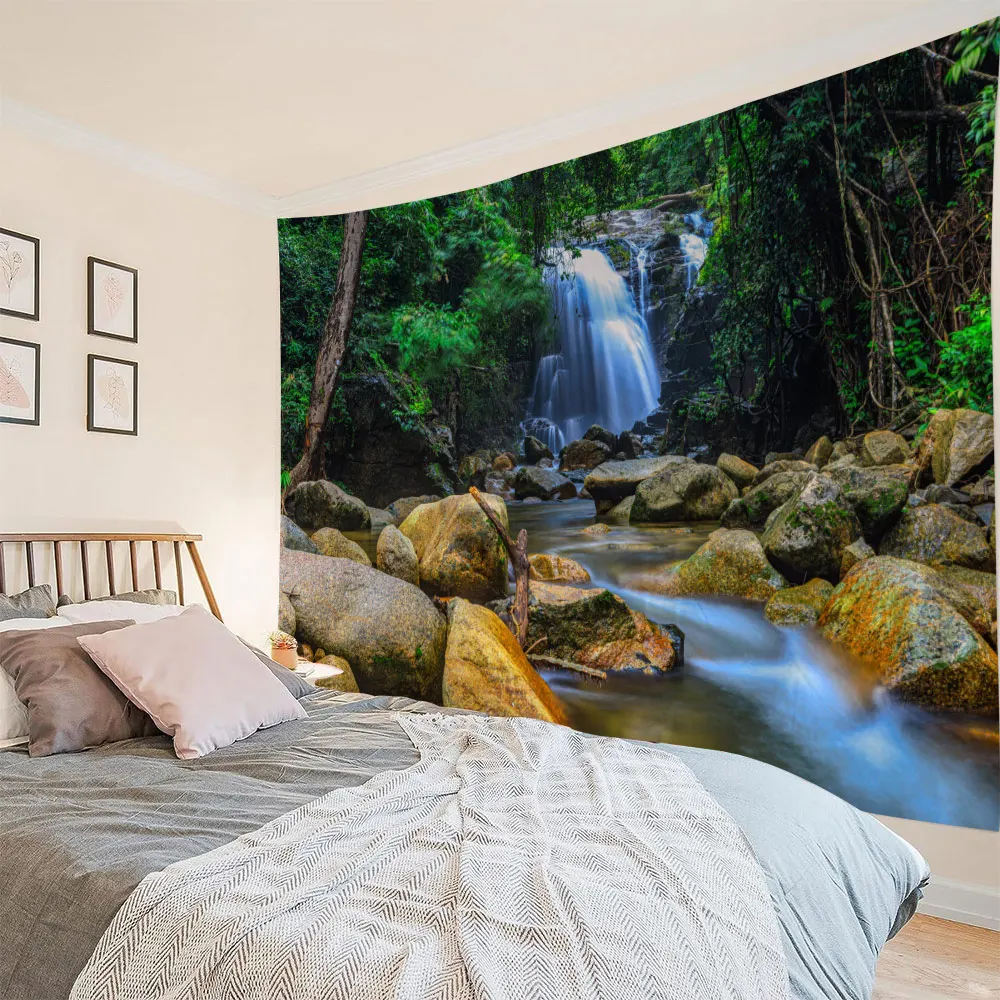 

Natural scenery tapestry, 3D forest waterfall landscape wall hanging, home fabric decoration, outdoor garden background poster