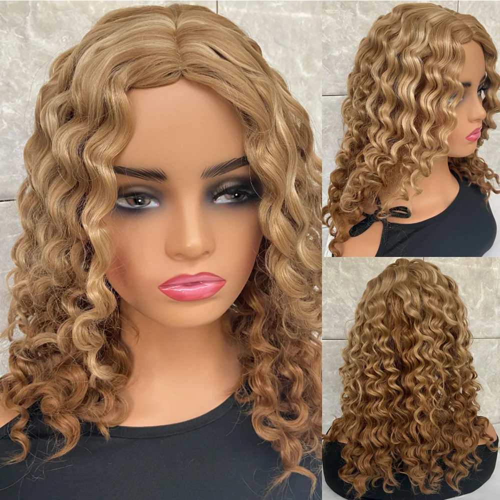 Fashiomag Shoulder Length Afro Kinky Curly Blonde Brown Mix Synthetic Hair Wigs Women Soft Natural Daily Use