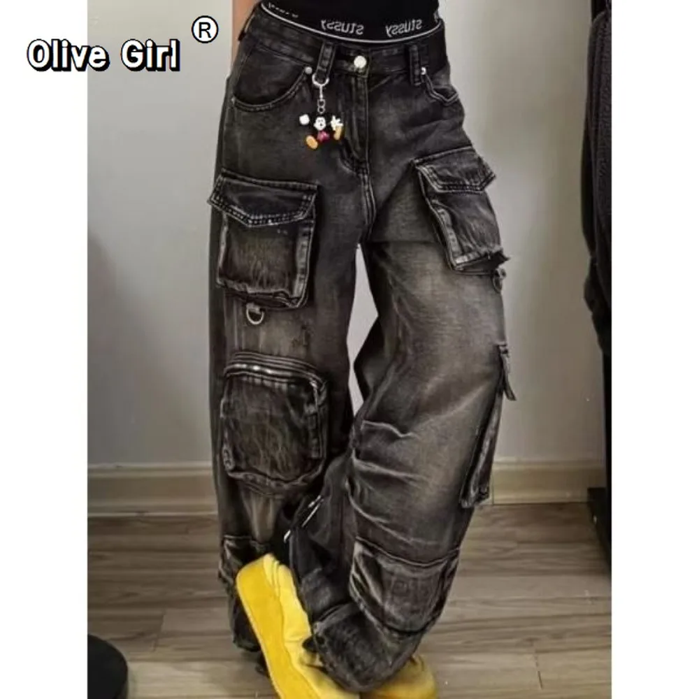 Olivegirl Autumn American Washed Multi-Pocket Workwear Denim Jeans Men's Women's Pants Retro Distressed Wide-Leg Pants Clothing
