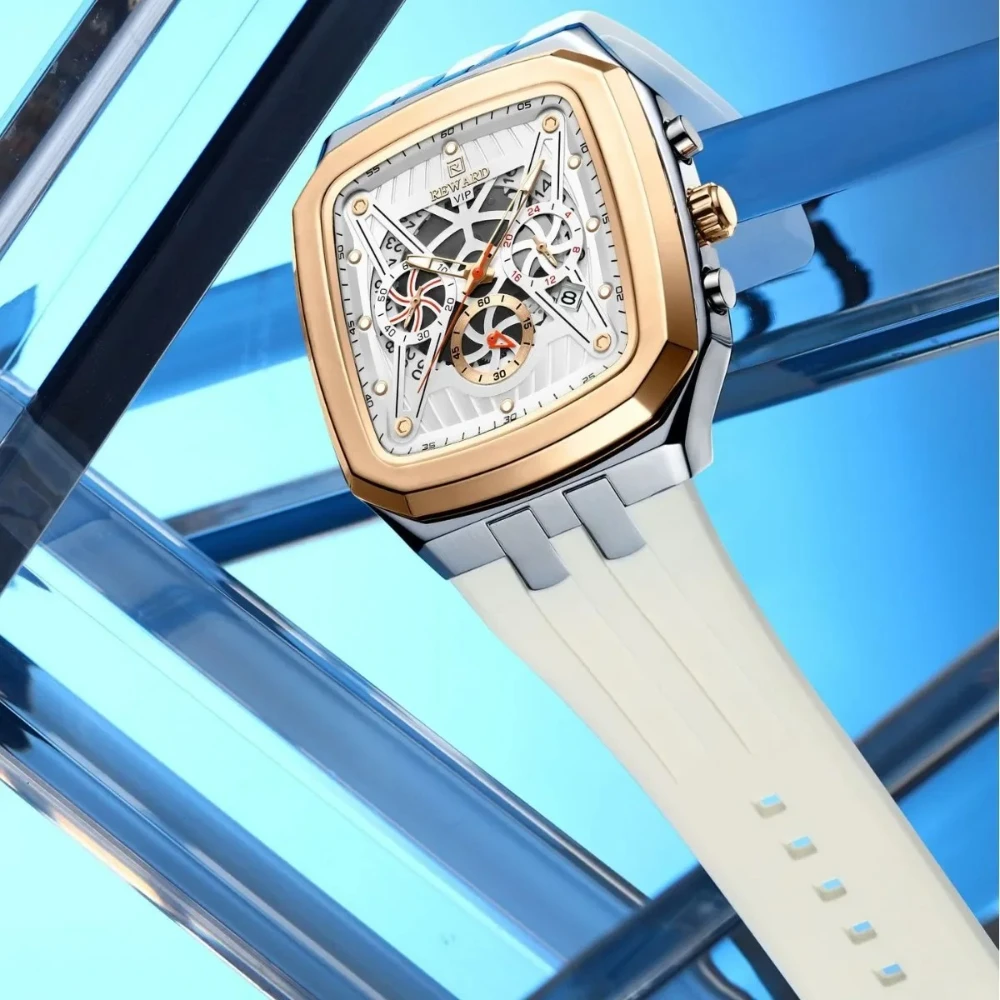 REWARD 832260 Men's Quartz Watch Fashion Rectangular Design Calendar Waterproof Casual Silicone Strap Cool Watches for Man Reloj