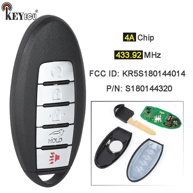 

KEYECU 433,92 МГц PCF7953M 4A Чип KR5S 180144014 ,S 180144320 Дистанционный брелок Keykess-Go 3 + 1 4 кнопки для Infiniti QX60 2016-2018