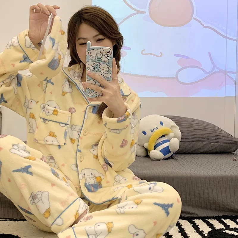 Cartoon Kuromi Women\'s Flannel Pajamas Velvet Thicken Autumn Winter Cute My Melody Cinnamoroll Korean Casual Home Clothes Warmth