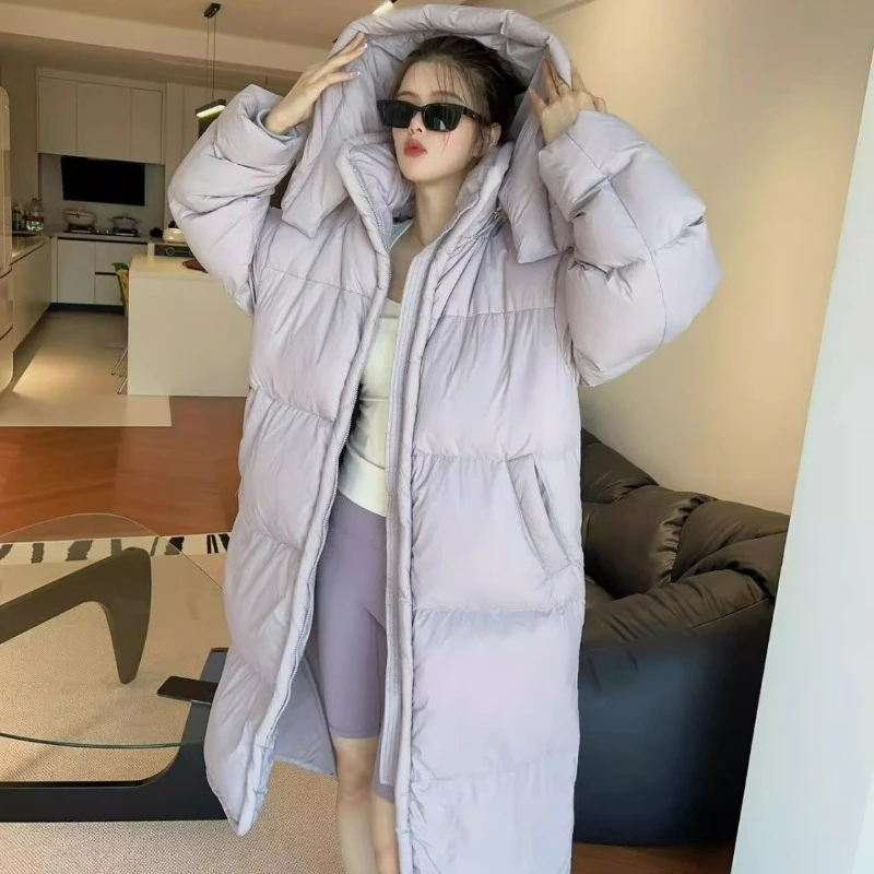 

Зимняя модная повседневная свободная универсальная куртка-пальто в корейском стиле, однотонная, с капюшоном, удлиненная, утепленная, для женщин