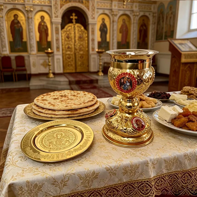 New 2026 Gold Plated Liturgical Chalice with Paten and Enamel Cross Religious Gift for Christian Church Altar Eucharist Service