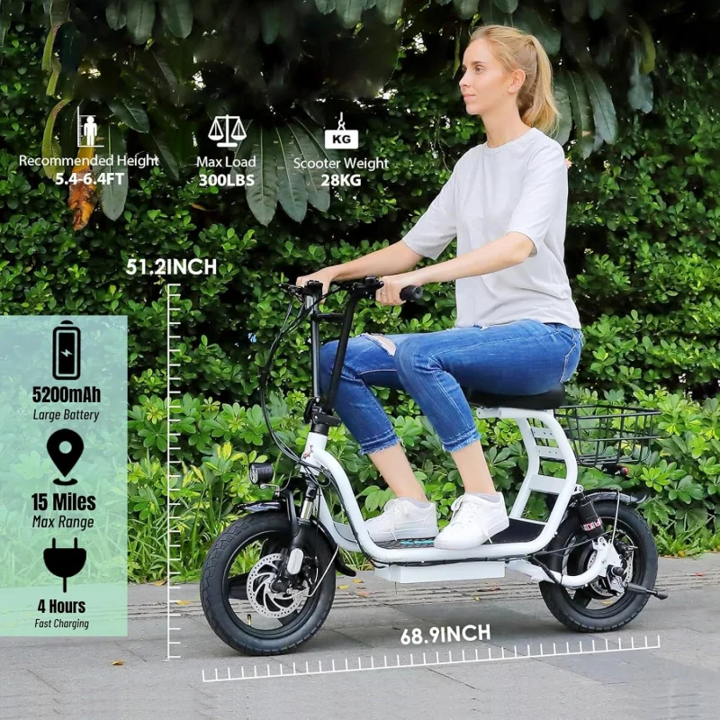 Caroma scooters de pico de 1200 W para adultos, pneu gordo de 14 ", bateria de 500 Wh, alcance de 30 milhas, velocidade máxima de 20 MPH, dobrável, bicicleta elétrica de absorção dupla