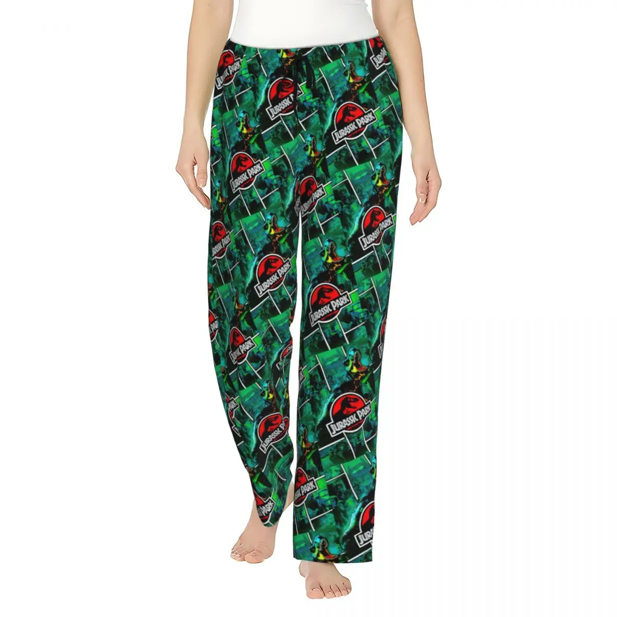 Custom Jurassic World Park Pajama Pants Sleepwear for Women Elastic Waistband Dinosaur Film Sleep Lounge Bottoms with Pockets view 3