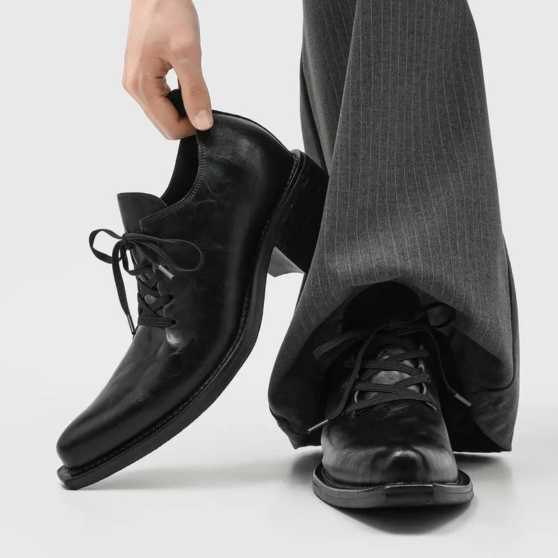 Men's Square Toe Derby Shoes Vintage Distressed Leather Chunky Block Heel Lace-Up Business Casual Footwear Size 38-45 New Fashio
