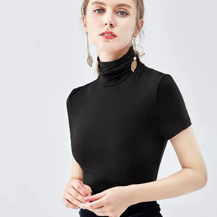 Chemise tricotée à col roulé en coton modal pour femmes, manches courtes, chemisier basique slim, tricots, mode décontractée