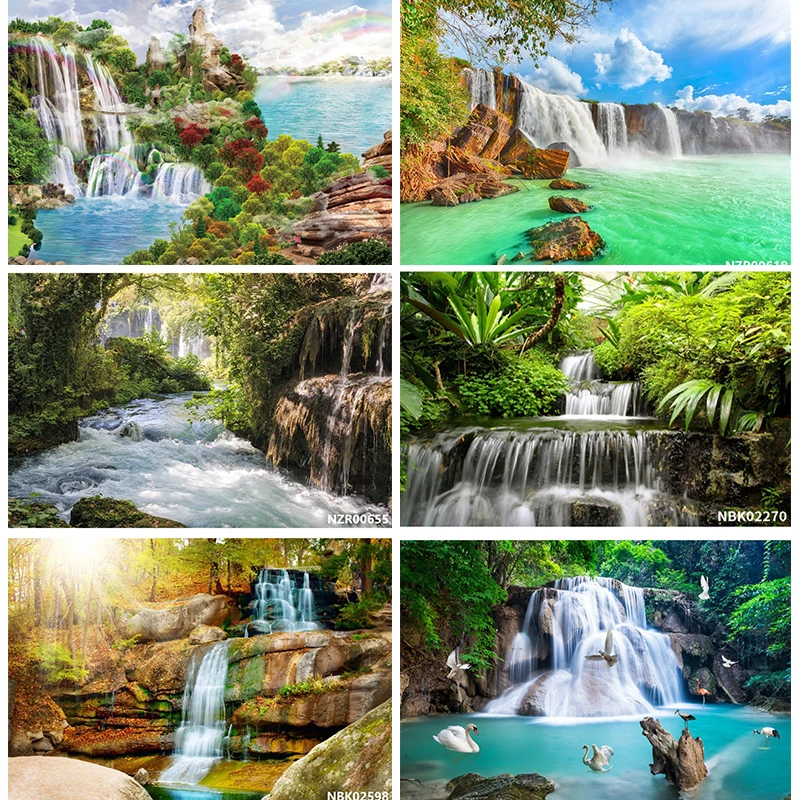 Photography Vinyl Waterfall Backdrop Decoration Wall Banner Green Forest Mountain Water Landscape Photographic Background Props