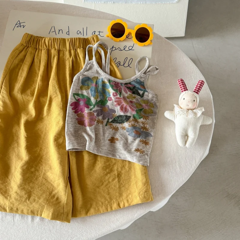 

Girls' French Oil Painting Style Set Summer New Children's Baby Camisole Vest Wide-leg Pants Two-piece Set