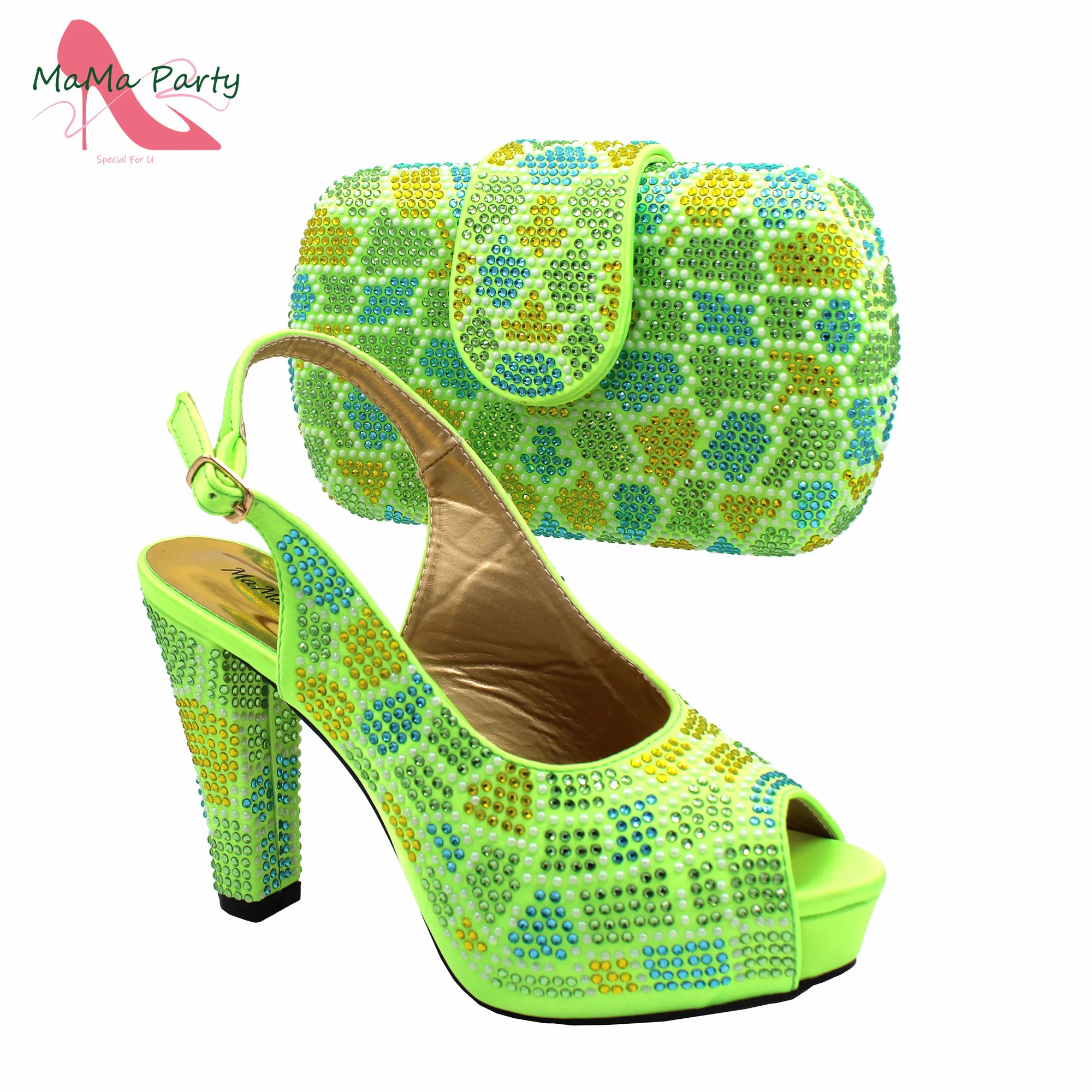 New Shoes and Matching Bag for Nigeria Party Fluorescent Green  Color for Women Ladies Italian Shoes and Bag Set