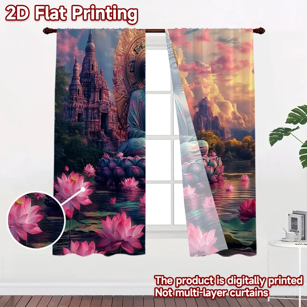 2D flat 2pcs Curtain Home Short Curtains Buddha Lotus Temple Scene Digitally printed polyester, colorfast Party Decorations