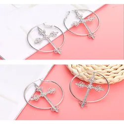 Metal Big Hoop Cross Dangle Earring Accessories Cross Gold Silver Color Jewelry Earring Crystal Round Vintage Accessories