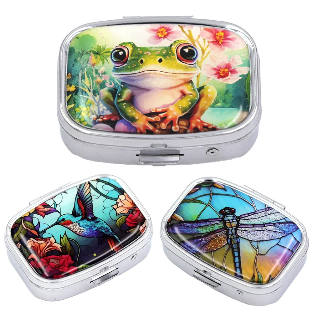 Animals Pattern 2 Compartments Metal Medicine Box Portable Travel Decorated Sealed Small Pill Organizer Container Storage