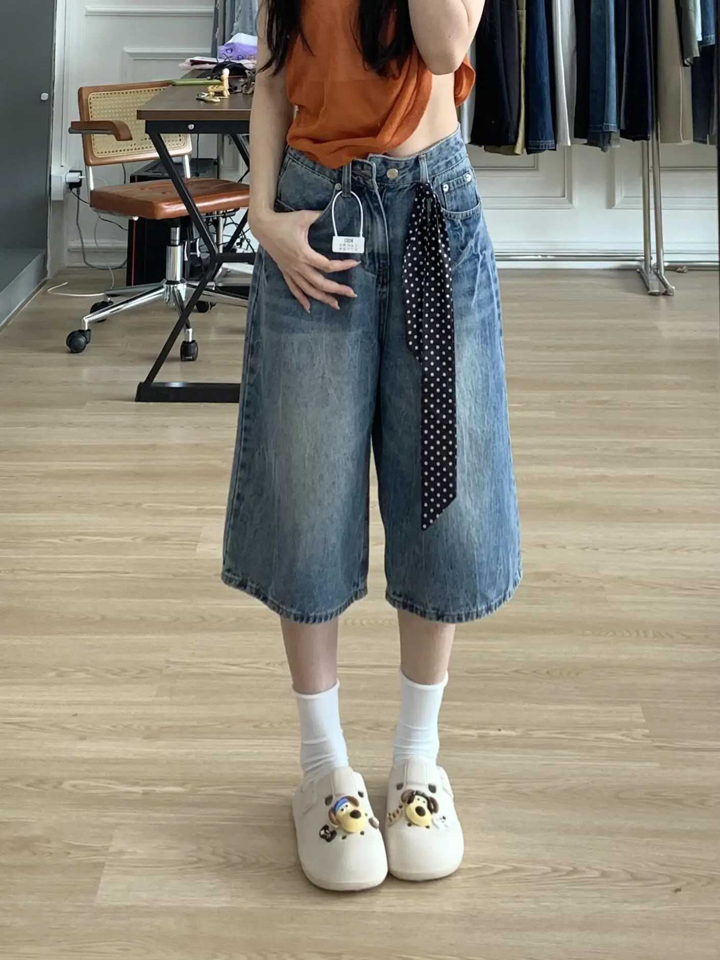 

Cleanfit Vintage Blue Lightning Pattern Denim Seven-Foot Pants Women's Summer Thin American High Street Straight Wide Leg Hor...