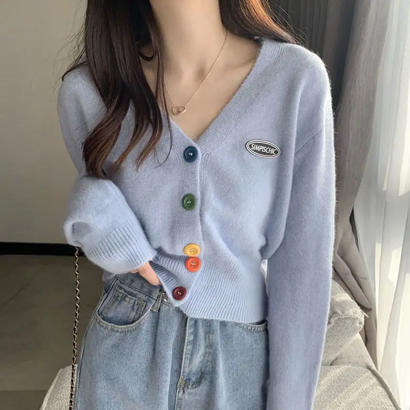 Women Autumn Korean Fashion Slim Solid Color V-neck Long Sleeve Knitwear Tops Ladies Sweet All-match Knitting Cardigan Coat