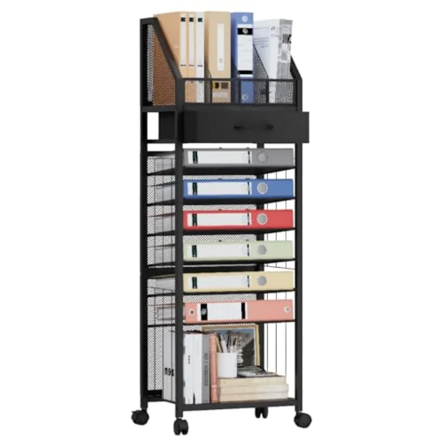 

9-Tier Rolling File Cart - Paper Organizer with Drawer and Trays Wood Desk Office Organizer Office Organization and Binder Stor