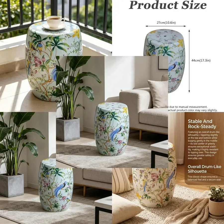 Hand-Painted Floral Bird Ceramic Garden Stool, Drum Stool with Vent Top, Side Table for Patio, Living Room and Plant Stand, Ret