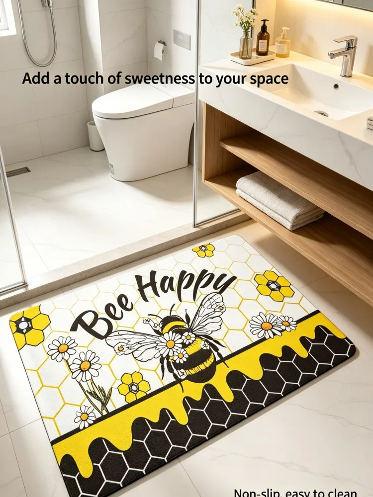 Image of Bee Happy Honeycomb Daisy Badematte, niedlicher Hummel-Druck, wasserabsorbierende, rutschfeste Boden-Fußmatte für Badezimmer, Waschbecken, Dusche, Eingang