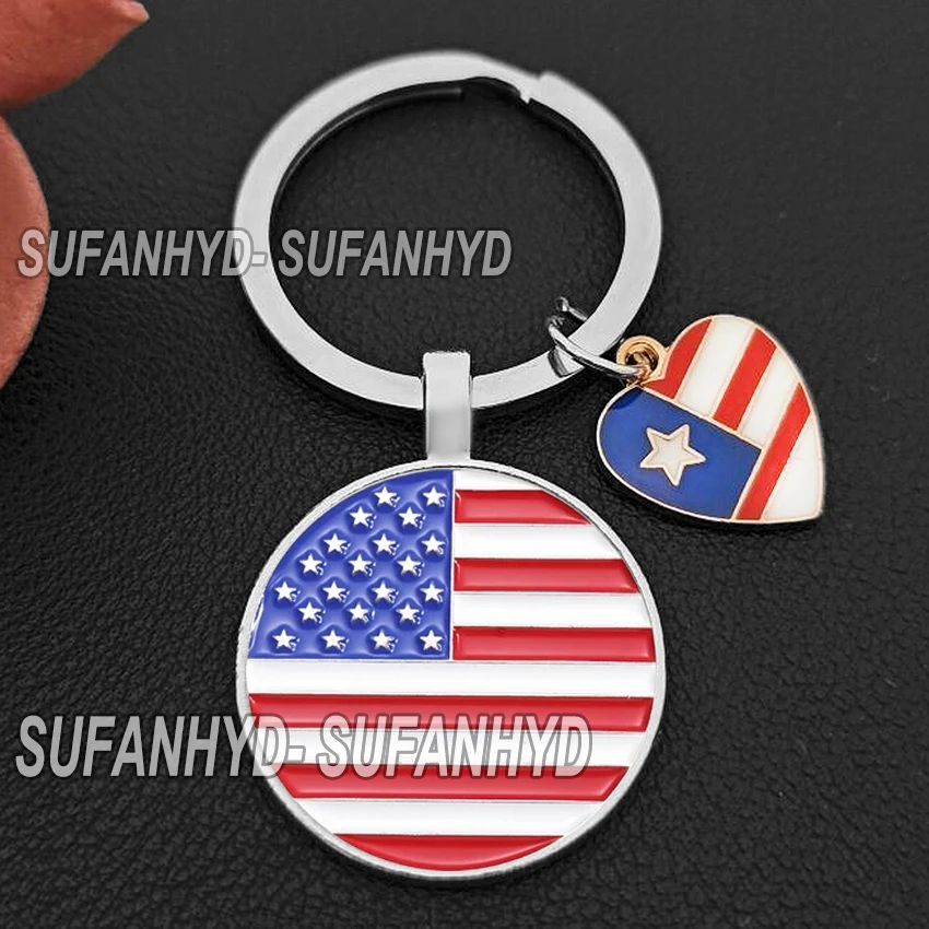 Round United States Flag Keychains Statue of Liberty Glass Cabochon I Love USA Key Chain Gifts for Independence Day