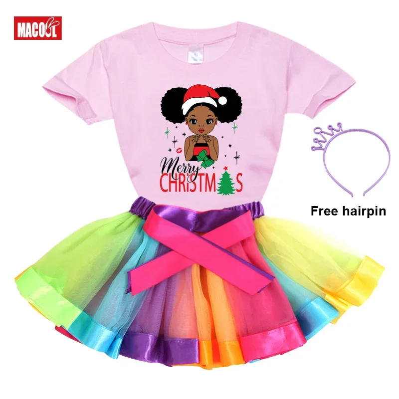 Girls Dress Sets Party Casual Dress Black African Curly Hair Girl Short Sleeve Printed T-shirt+Dress+Hairpin Christmas Present