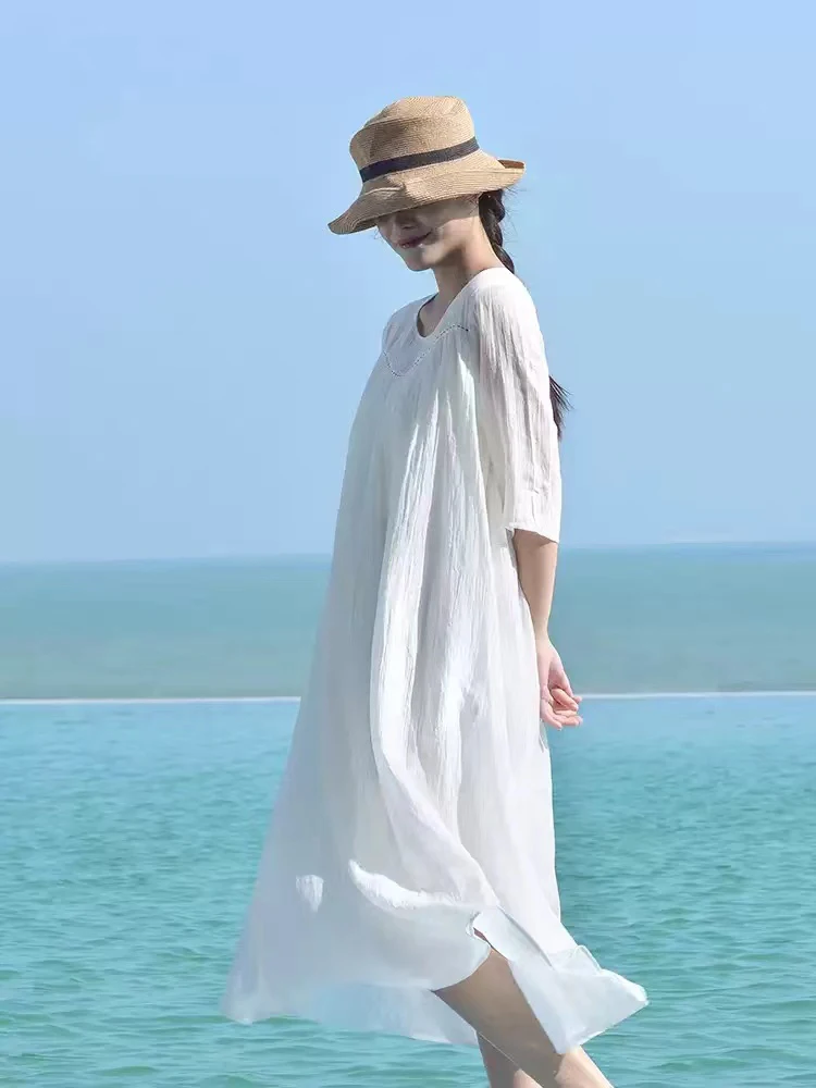 Double Layered Embroidery Cotton Ramie White Dress Spring Summer 2024 Women Loose Casual Long Robe Vestidos Female Holiday F368