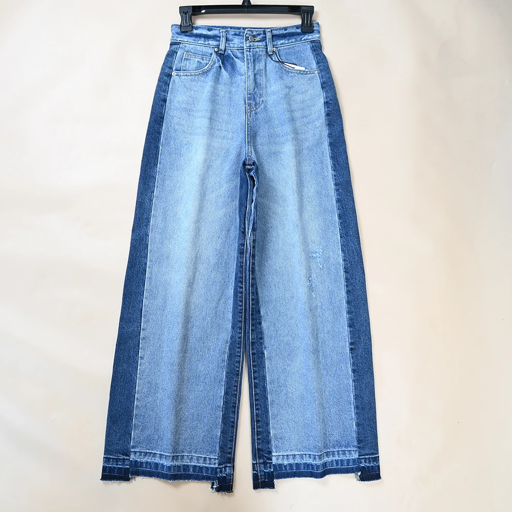 

Spring Summer New Women's Fashion Color Block High Waist Loose Casual Denim Long Pants Stylish Ladies High Waist Loose Fit Jeans
