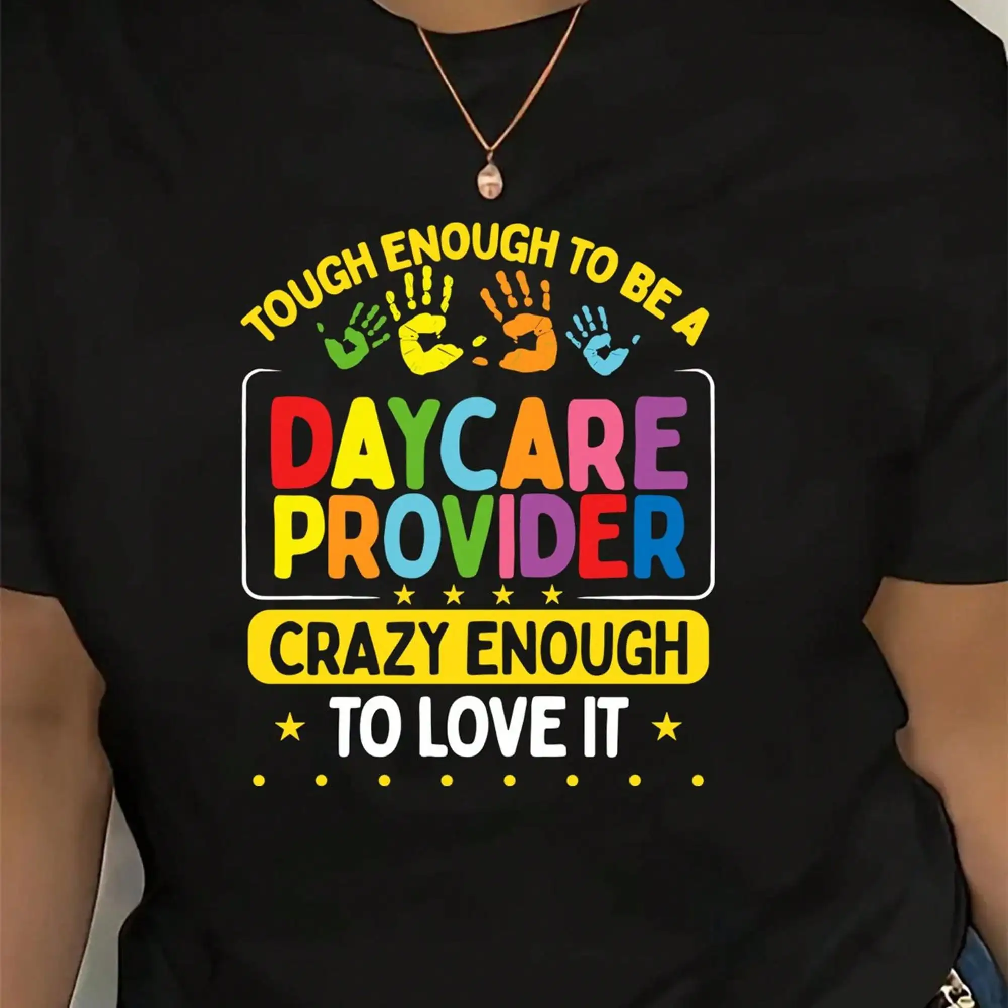 Women's Plus Size Daycare Teacher Appreciation Shirt - Comfortable Short Sleeve Crew Neck Tee With Handprint & Lettering Design, Daycare-Themed Childcare Worker Gift, Casual Durable Top For All-Season Wear