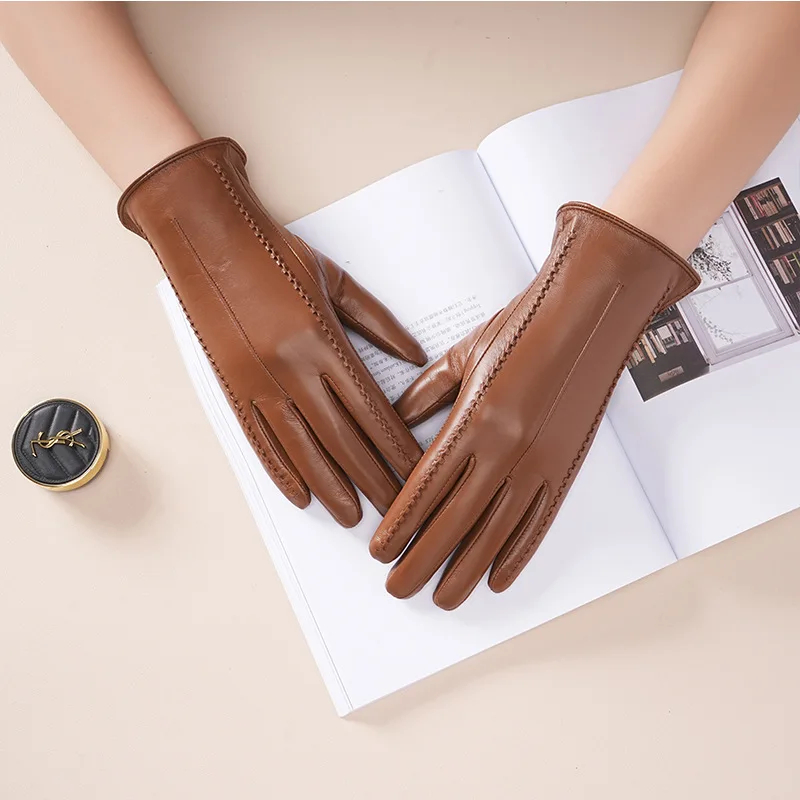 

Кожаные перчатки из овечьей кожи, женские зимние теплые флисовые перчатки для езды на мотоцикле, утолщенные ветрозащитные, тонкие, короткие, с сенсорным экраном