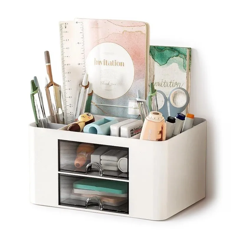 Creative Transparent Drawer Storage Box Desktop Cosmetics Organizer Student Pen Holder School Office Stationery Supplies