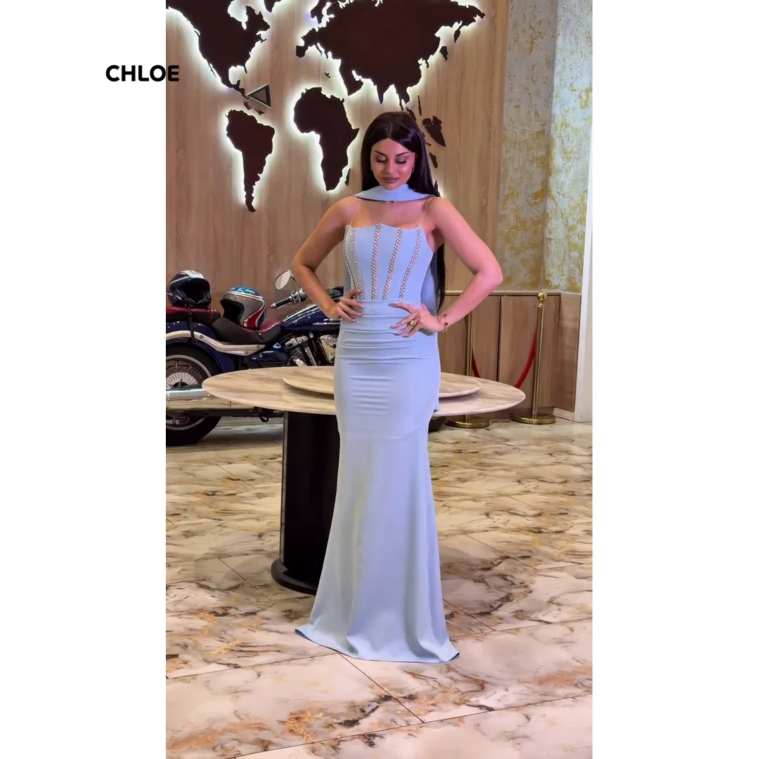 

Mermaid Elegant Evening Dresses for Woman Luxury Party Dress Customized Sleeveless Sky Blue Satin Ball Gowns Women's Ball Gown
