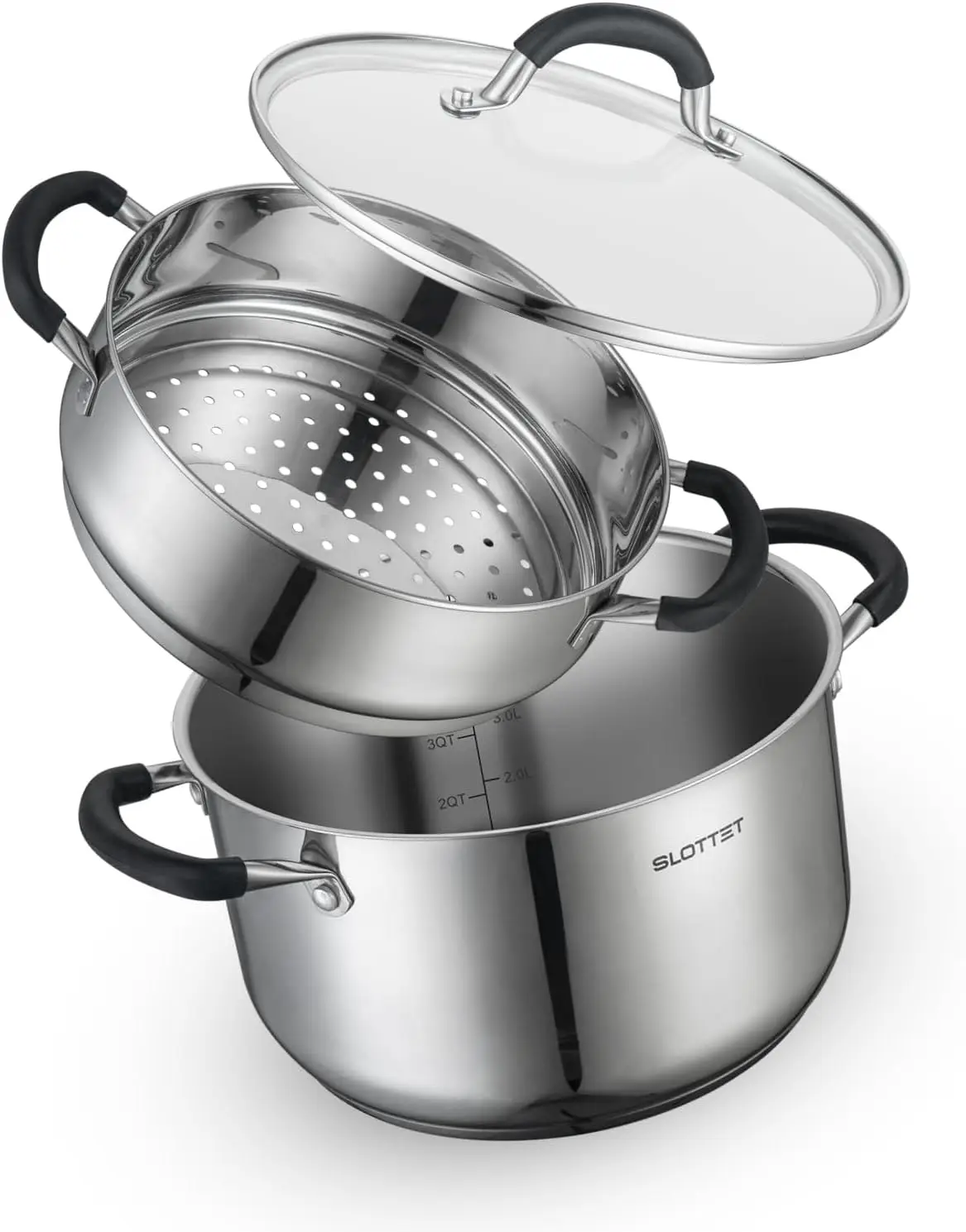 

6 Quart Stainless Steel Stock Pot with Steamer, Glass Lid, Cool-Touch Handle for Versatile Cooking