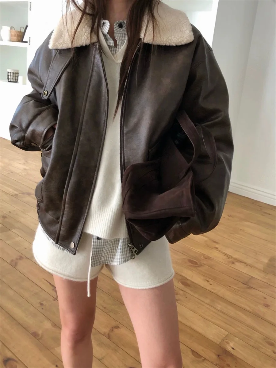 جايت نسائي من الجلد بتصميم كلاسيكي مع ياقة من فرو خروف فضفاض مناسب لراكبي الدراجات النارية بسحاب معطف خارجي للربيع والخريف #2