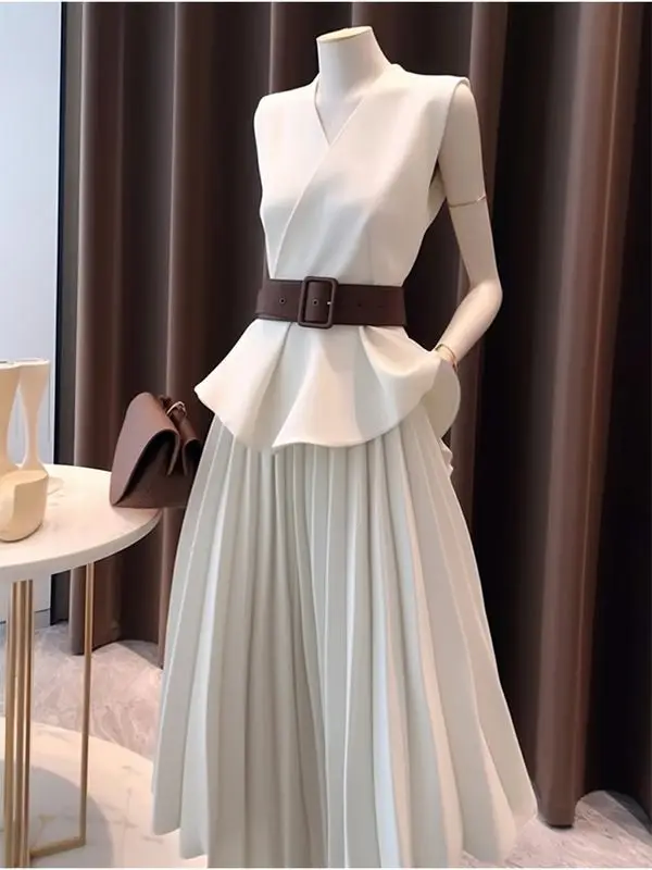 Irregular Temperament Sleeveless Suit Top Pleated Skirt 2 Piece Sets Womens Outfits A Line High Jupe Faldas Mujer Vest Jacket