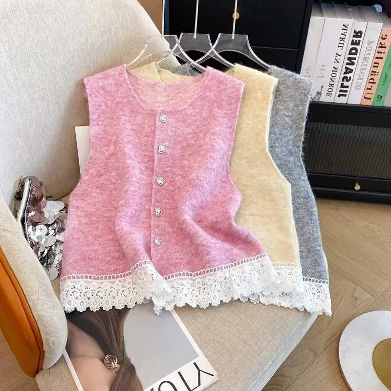 

Spring New Sweet Lace Stitching Fashion Round Neck Soft Glutinous Knitted Stacked Vest Comfortable Single-Breasted Lace Coat