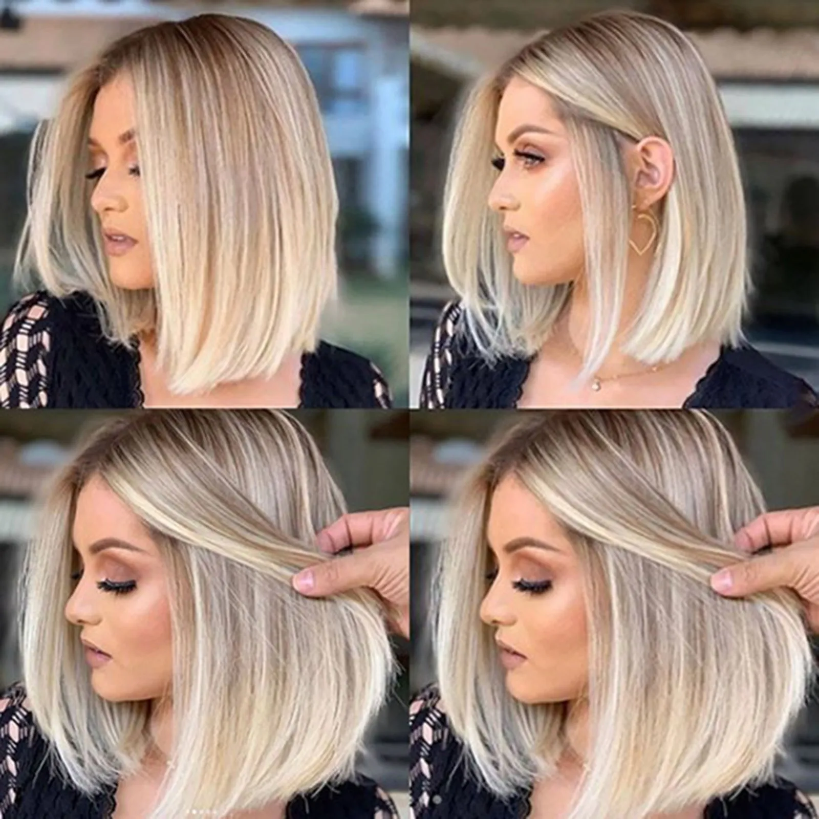 Short Blonde Highlight Synthetic Lace Front Bob Wigs Colored Straight Wig Heat Resistant Hair For Women Daily Use