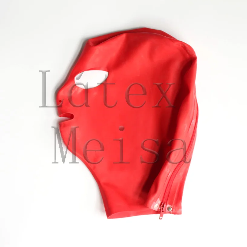 

Rubber hoods open eyes nostrils and mouth in red color with back zip